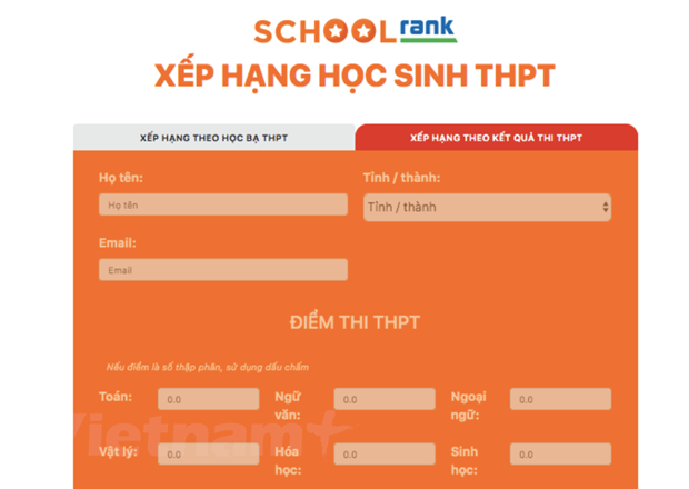 Giao diện trang Xếp hạng học sinh Trung học Phổ thông SchoolRank.