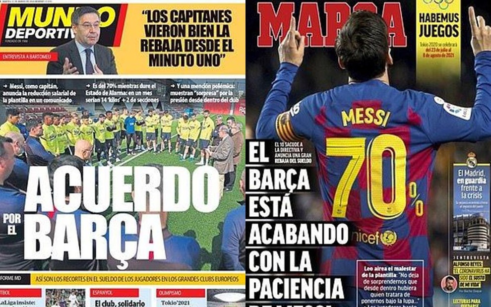 Messi công khai chỉ trích Chủ tịch Barca Josep Bartomeu vì đội bóng chủ động yêu cầu cầu thủ giảm 70% lương mà chưa có sự đồng thuận chung. (Ảnh: Daily Mail).