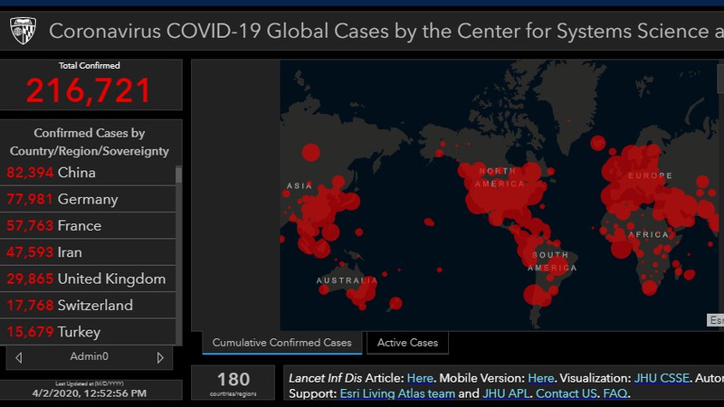Ảnh chụp màn hình bản đồ dịch Covid-19 của Đại học John Hopkins. 