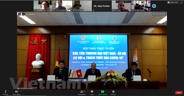 Hội thảo trực tuyến Xúc tiến thương mại Việt Nam-Ấn Độ: Cơ hội & thách thức hậu COVID-19. (Ảnh: Huy Lê/Vietnam+)