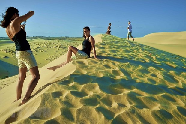 Vietnam yet to open door to all foreign tourists Foreign visitors explore sand dunes in Binh Thuan province before COVID-19 broke out (Photo: VNA)