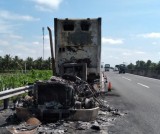 Xe container cháy rụi trên đường cao tốc ở Tiền Giang