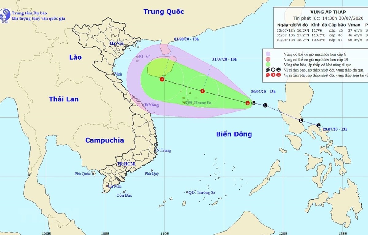 Bản đồ đường đi của vùng áp thấp trên Biển Đông. (Nguồn: nchmf.gov.vn)