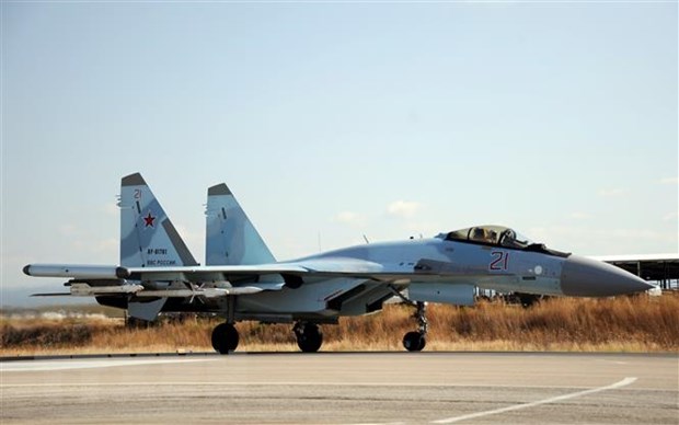 Máy bay Sukhoi Su-35 của Nga hạ cánh xuống căn cứ không quân Hmeimim ở Latakia, Syria, ngày 26/9/2019. (Ảnh: AFP/TTXVN)