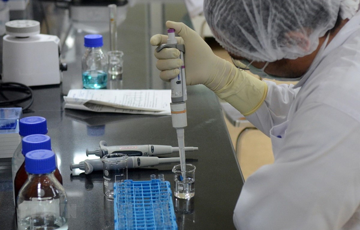 Nghiên cứu viên bào chế vắcxin phòng COVID-19 tại phòng thí nghiệm của Viện sản xuất vaccine lớn nhất Ấn Độ ở Pune. (Ảnh: Reuters/TTXVN)