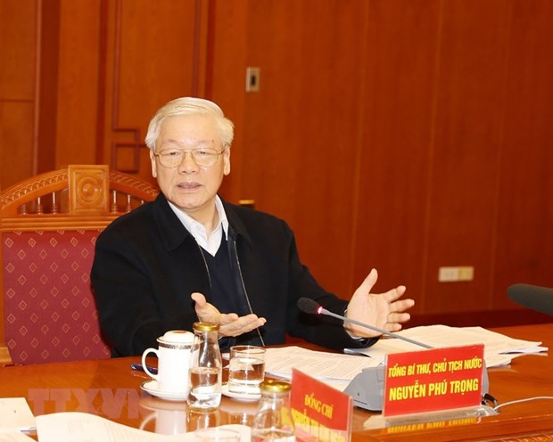 Tổng Bí thư, Chủ tịch nước Nguyễn Phú Trọng, Trưởng Tiểu ban chủ trì họp Tiểu ban Văn kiện Đại hội XIII của Đảng. (Nguồn: TTXVN)