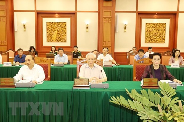 Party General Secretary and President Nguyen Phu Trong (centre) at the working session (Photo: VNA)
