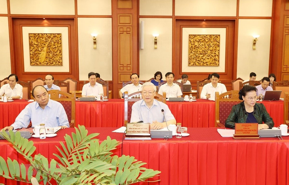 Tập thể Bộ Chính trị làm việc với Ban Thường vụ Thành ủy Hà Nội Tổng Bí thư, Chủ tịch nước Nguyễn Phú Trọng phát biểu chỉ đạo tại buổi làm việc với Ban Thường vụ Thành ủy Hà Nội. (Ảnh: Trí Dũng/TTXVN)
