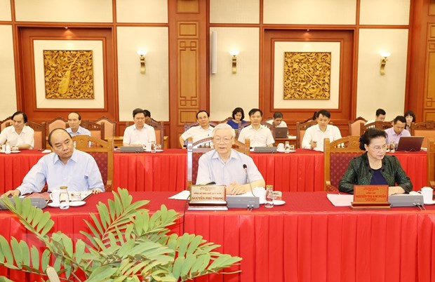 Tổng Bí thư, Chủ tịch nước Nguyễn Phú Trọng phát biểu chỉ đạo tại buổi làm việc với Ban Thường vụ Thành ủy Hà Nội. (Ảnh: Trí Dũng/TTXVN)