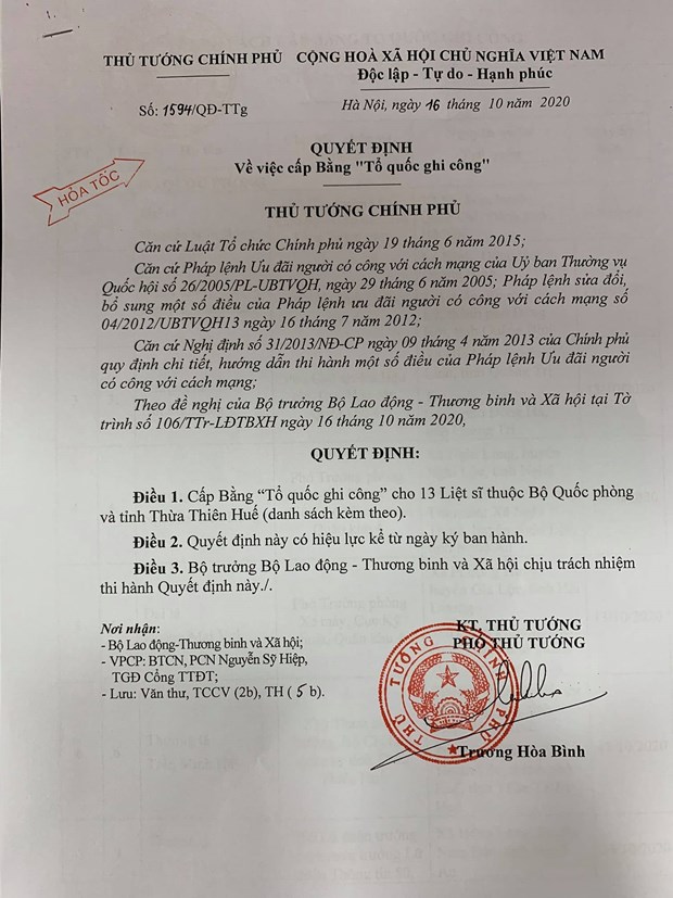 Quyết định cấp Bằng “Tổ quốc ghi công” cho 13 Liệt sĩ thuộc Bộ Quốc phòng và tỉnh Thừa Thiên-Huế.