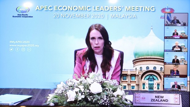 Bà Jacinda Ardern, Thủ tướng New Zealand, nước đăng cai hội nghị APEC lần thứ 28, phát biểu. (Ảnh: Thống Nhất/TTXVN)
