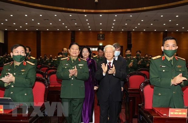 Tổng Bí thư, Chủ tịch nước Nguyễn Phú Trọng, Bí thư Quân ủy Trung ương đến dự Hội nghị. (Ảnh: Trí Dũng/TTXVN)