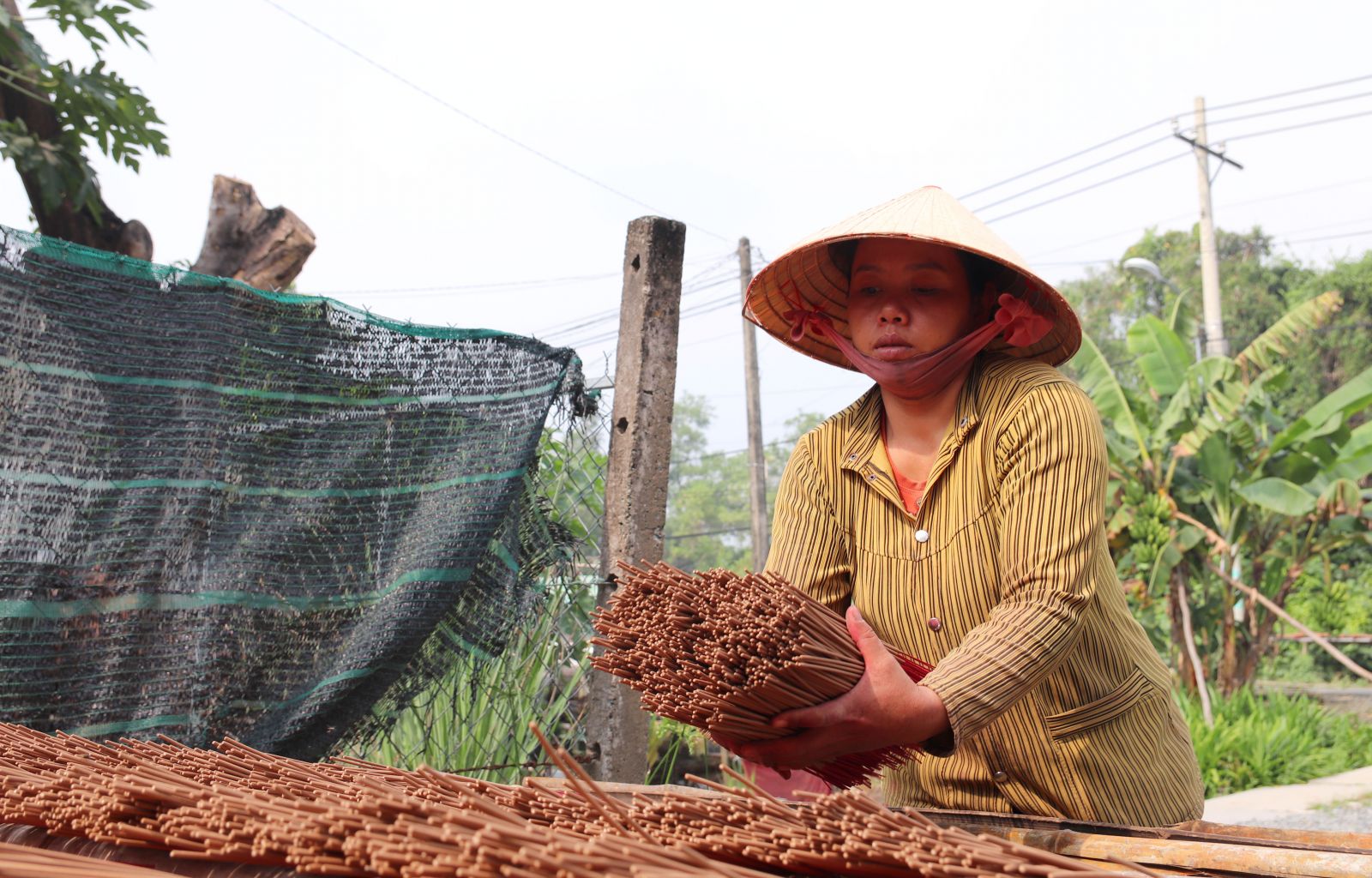 Làng nghề làm nhang hối hả vào xuân Chị Danh Thị Phương chia sẻ, nếu thời tiết thuận lợi, nắng tốt thì phơi từ 2-3 giờ để nhang khô