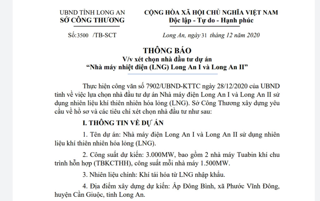 Investors selected to implement projects of Long An I and Long An II power plant Notice for selecting investors