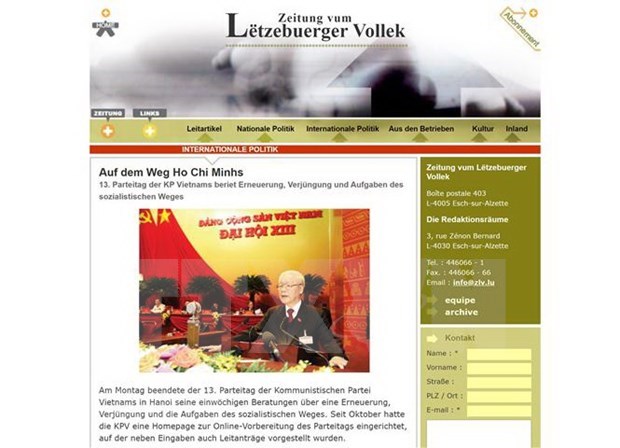 13th National Congress proves CPV’s important contributions to int’l communist movements Germany-based daily newspaper Lëtzebuerger Vollek published a story entitled “On the way of Ho Chi Minh” by Gerhard Feldbauer on the 13th National Party Congress. (Screen photo: VNA)