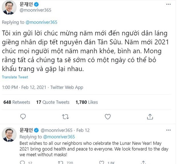 Foreign leaders extend Tet greetings in Vietnamese language Tet greetings from Korean President Moon Jae-in (Screenshot photo)