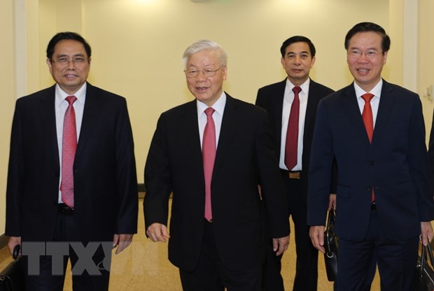 Tổng Bí thư, Chủ tịch nước Nguyễn Phú Trọng và các lãnh đạo Đảng, Nhà nước đến dự hội nghị. (Ảnh: Trí Dũng/TTXVN)