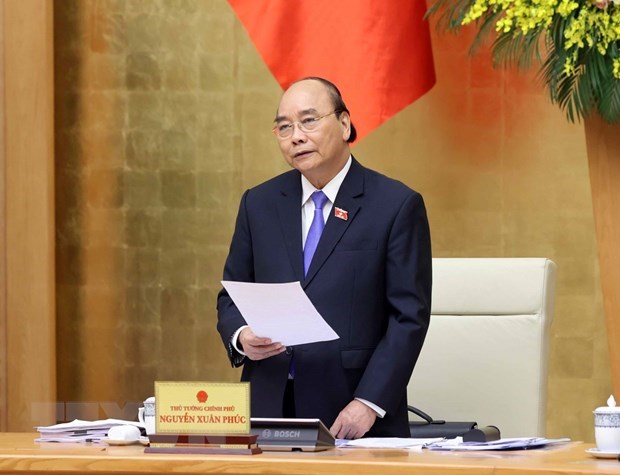Thủ tướng Nguyễn Xuân Phúc phát biểu tại phiên họp Chính phủ thường kỳ tháng 3. (Ảnh: Thống Nhất/TTXVN)
