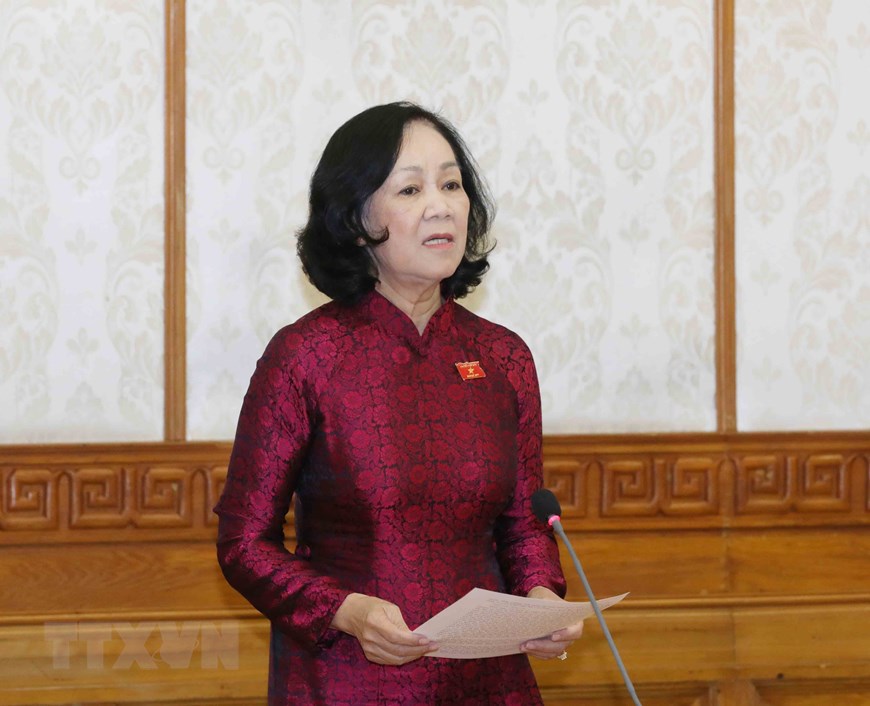 Bà Trương Thị Mai, Ủy viên Bộ Chính trị, Trưởng Ban Tổ chức Trung ương phát biểu. (Ảnh: Phương Hoa/TTXVN)