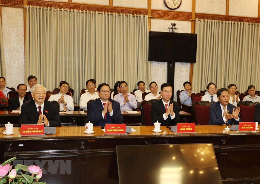 Tổng Bí thư Nguyễn Phú Trọng và các đại biểu dự buổi lễ. (Ảnh: Trí Dũng/TTXVN)