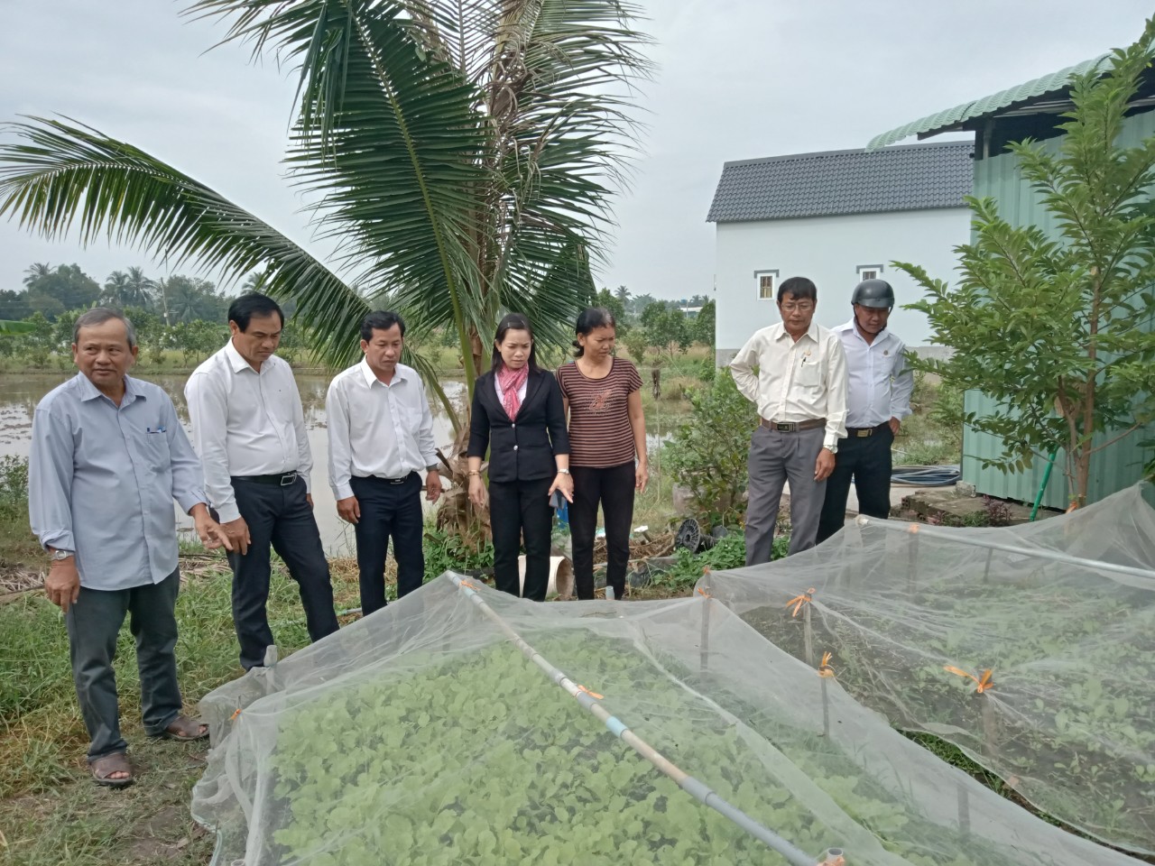 Cán bộ Hội Nông dân Việt Nam huyện Thủ Thừa đến thăm mô hình kinh tế của hội viên