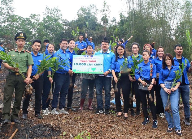Report on youth action for climate change in Vietnam debuts Vietnam News Agency's youth union members symbolically present 10,000 trees in response to Tree Planting New Year festival (Photo: VNA)