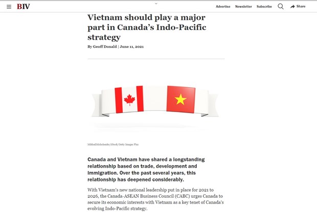 Canada-ASEAN Business Council highlights cooperation potential with Vietnam The article posted on Business in Vancouver weekly newspaper (Photo: screenshot