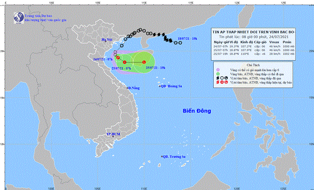 Áp thấp nhiệt đới di chuyển sát vùng biển Nam Định-Ninh Bình (Nguồn: nchmf.gov.vn)
