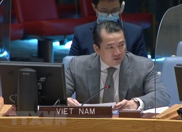 Đại sứ Phạm Hải Anh, Phó Trưởng Phái đoàn Việt Nam tại Liên hợp quốc dự phiên họp về vấn đề Syria. (Ảnh: Khắc Hiếu/TTXVN)