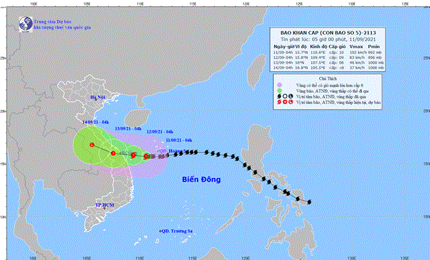 Vị trí và đường đi của bão số 5. (Nguồn: Trung tâm Dự báo Khí tượng Thủy văn Quốc gia)