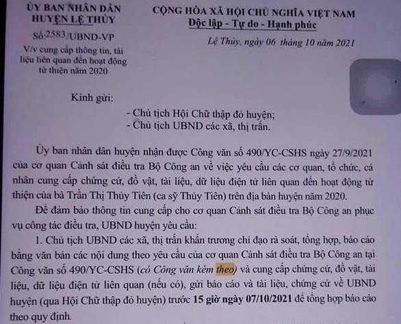 Văn bản của UBND huyện Lệ Thủy xác nhận việc Bộ Công an yêu cầu các địa phương cung cấp chứng cứ, đồ vật, tài liệu, dữ liệu liên quan đến hoạt động từ thiện của ca sĩ Thủy Tiên - Ảnh: UBND huyện Lệ Thủy