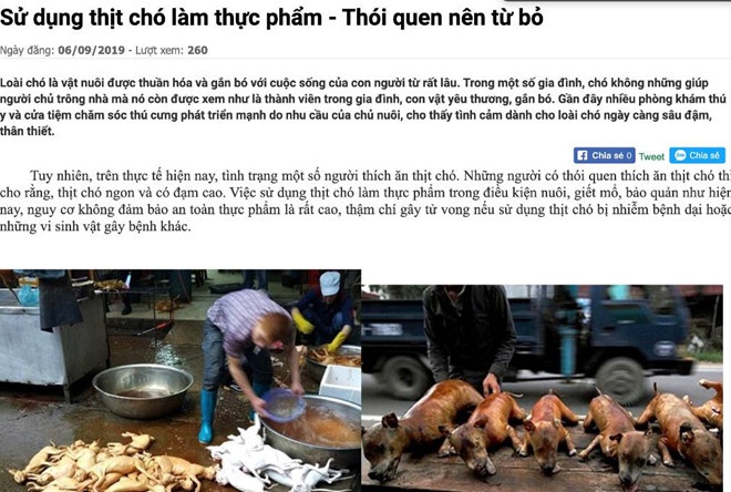 Thông tin về việc 'sử dụng thịt chó làm thực phẩm - thói quen nên từ bỏ' xuất hiện trên trang web của Ban Quản lý An toàn thực phẩm TP.HCM. ẢNH CHỤP MÀN HÌNH
