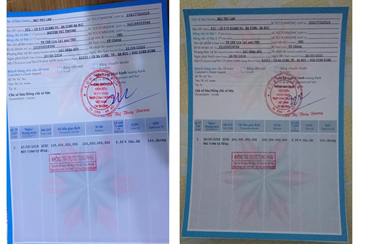 Hai sổ tiết kiệm giả bị can Lan đặt mua trên mạng. Ảnh V.T