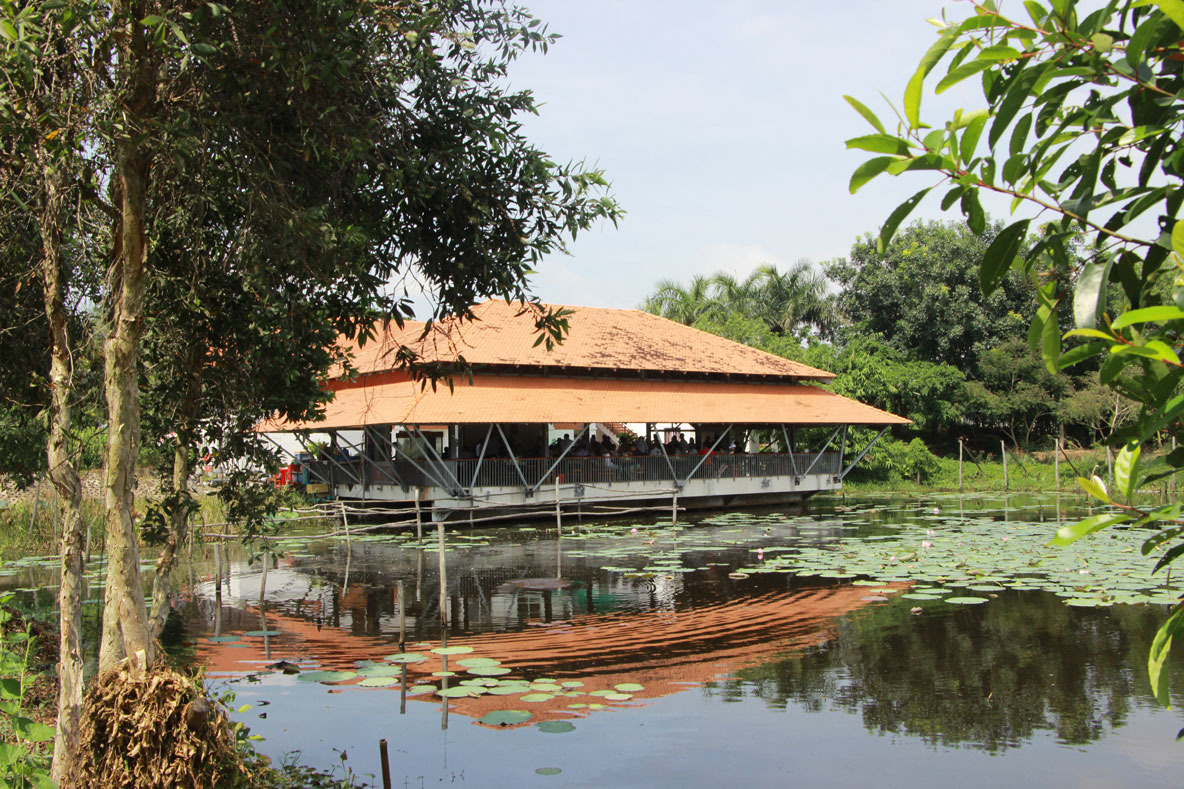 Nhà hàng thiết kế trên mặt hồ, phục vụ những món ăn đậm chất đồng quê tại Khu du lịch Làng nổi Tân Lập cũng là một trong những điểm thu hút du khách