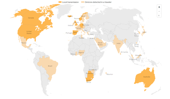 Các quốc gia và vùng lãnh thổ ghi nhận ca mắc biến thể Omicron, trong đó màu đậm là nơi ghi nhận ca mắc trong cộng đồng, màu nhạt là nơi các ca mắc Omicron là người nhập cảnh - Ảnh chụp màn hình New York Times
