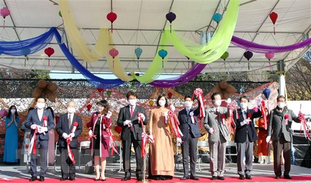 Các quan khách Việt Nam và Nhật Bản cắt băng khai mạc lễ hội. (Ảnh: Đức Thịnh/TTXVN)
