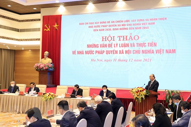 Những vấn đề lý luận và thực tiễn về Nhà nước pháp quyền XHCN Việt Nam Chủ tịch nước Nguyễn Xuân Phúc phát biểu. (Ảnh: Thống Nhất/TTXVN)