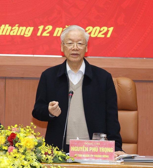 Tổng Bí thư Nguyễn Phú Trọng, Bí thư Quân ủy Trung ương phát biểu kết luận hội nghị. (Ảnh: Trí Dũng/TTXVN)
