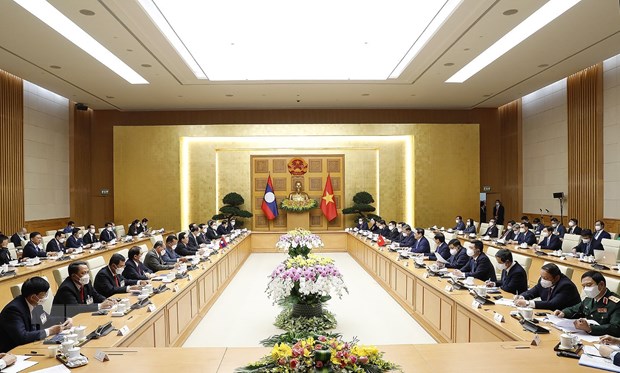 Thủ tướng Phạm Minh Chính hội đàm với Thủ tướng Lào Phankham Viphavanh Quang cảnh buổi hội đàm giữa Thủ tướng Phạm Minh Chính và Thủ tướng Lào Phankham Viphavanh. (Ảnh: Dương Giang/TTXVN)
