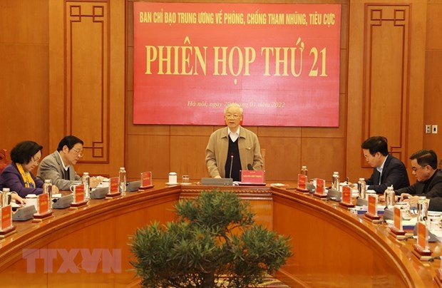 Phiên họp thứ 21 của Ban Chỉ đạo Trung ương về phòng, chống tham nhũng Tổng Bí thư Nguyễn Phú Trọng phát biểu kết luận Phiên họp thứ 21. (Ảnh: Trí Dũng/TTXVN)