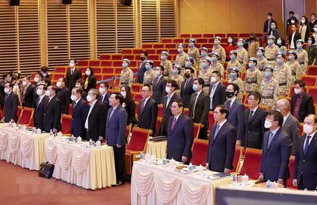 Thủ tướng Phạm Minh Chính và các đại biểu dự Hội nghị tổng kết hai năm Việt Nam đảm nhiệm cương vị Ủy viên không thường trực Hội đồng Bảo an Liên hợp quốc. (Ảnh: Dương Giang/TTXVN)
