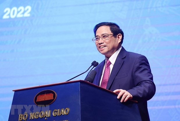 Thủ tướng Phạm Minh Chính phát biểu tại Hội nghị tổng kết hai năm Việt Nam đảm nhiệm cương vị Ủy viên không thường trực Hội đồng Bảo an Liên hợp quốc. (Ảnh: Dương Giang/TTXVN)