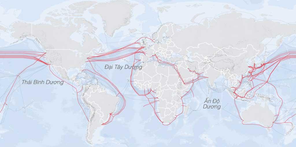 Amazon, Meta, Google và Microsoft tự xây dựng, nắm cổ phần nhiều tuyến cáp biển. Ảnh TELEGEOGRAPHY