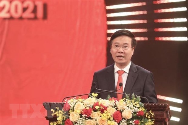 Lễ trao Giải báo chí toàn quốc về xây dựng Đảng mang tên Búa liềm vàng Ông Võ Văn Thưởng, Ủy viên Bộ Chính trị, Thường trực Ban bí thư Trung ương Đảng phát biểu. (Ảnh: Minh Quyết/TTXVN)