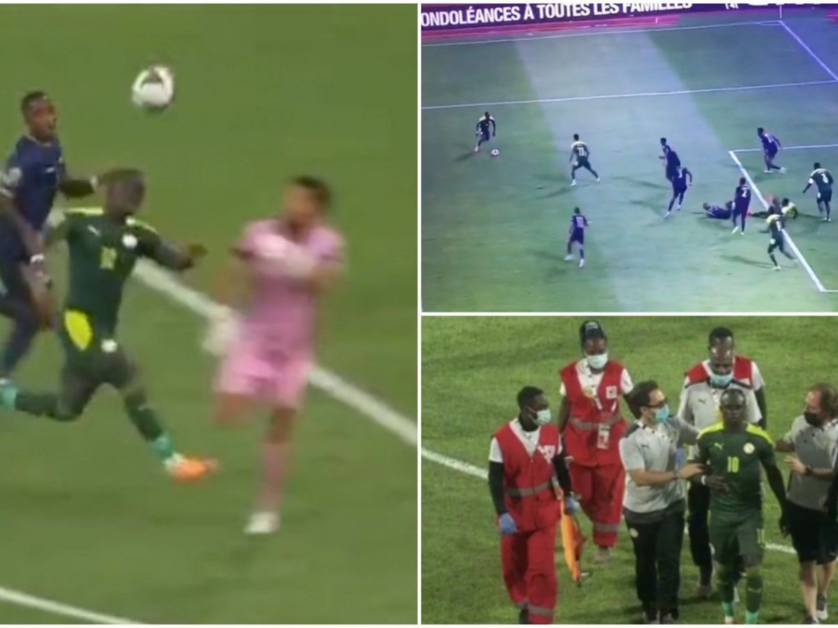 Mane va chạm mạnh với thủ môn Vozinha ở phút 57 nhưng tiếp tục thi đấu thêm 13 phút và ghi bàn rồi mới rời sân. (Ảnh: Gimmesports)