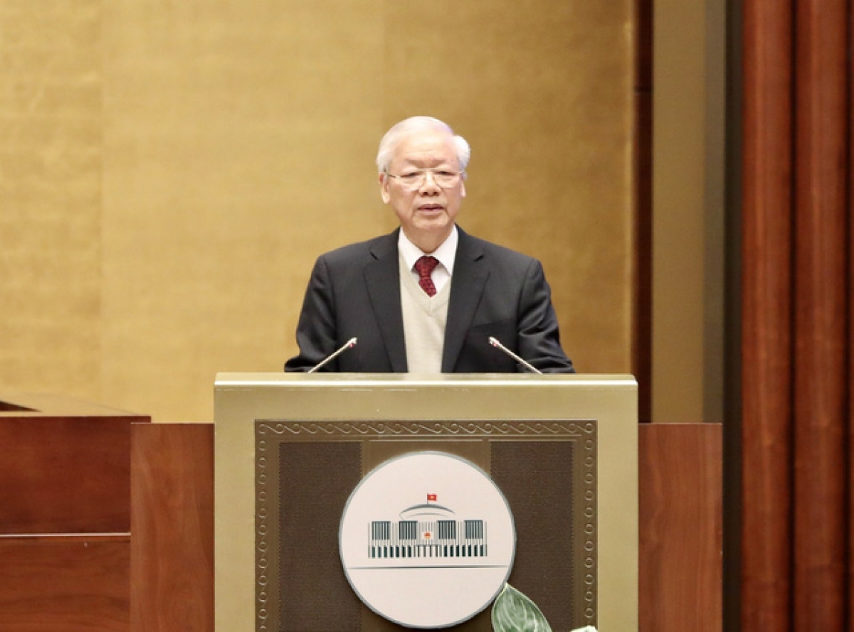 Tổng Bí thư Nguyễn Phú Trọng phát biểu chỉ đạo tại Hội nghị cán bộ toàn quốc quán triệt, triển khai thực hiện kết luận và quy định của Ban Chấp hành Trung ương về đẩy mạnh xây dựng, chỉnh đốn Đảng tháng 12/2021.