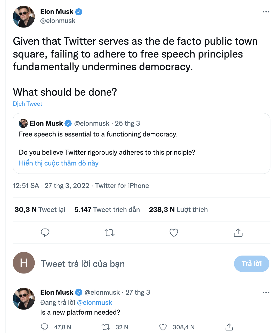 Kết quả cuộc khảo sát liệu Twitter có đảm bảo quyền dân chủ, tự do ngôn luận thôi thúc Elon Musk lên dự định thành lập mạng xã hội riêng. Ảnh chụp màn hình