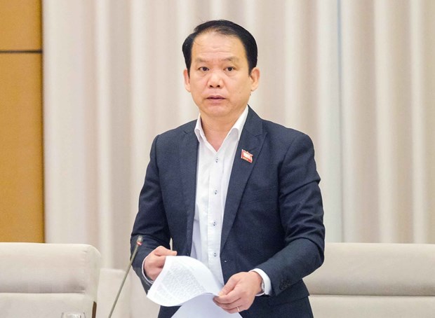Chủ nhiệm Ủy ban Pháp luật của Quốc hội Hoàng Thanh Tùng trình bày báo cáo thẩm tra. (Ảnh: Doãn Tấn/TTXVN)