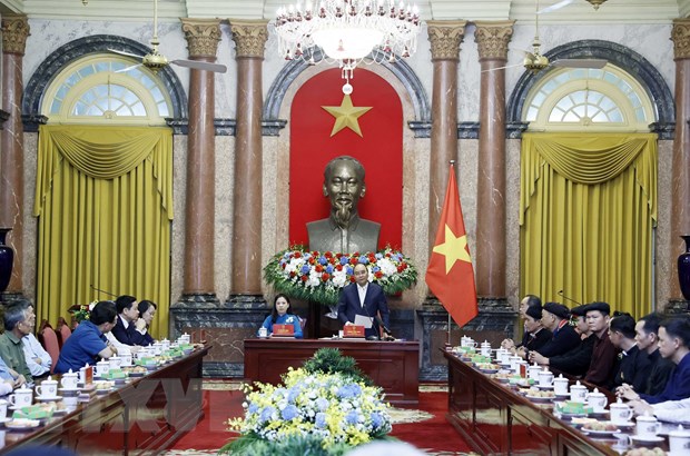 Chủ tịch nước Nguyễn Xuân Phúc phát biểu tại buổi tiếp. (Ảnh: Thống Nhất/TTXVN)