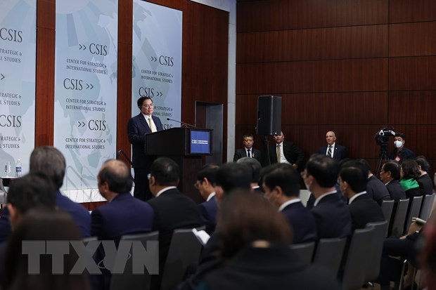 Thủ tướng Phạm Minh Chính phát biểu về chính sách của Việt Nam tại Viện Nghiên cứu Chiến lược quốc tế Hoa Kỳ (CSIS). (Ảnh: Dương Giang/TTXVN)